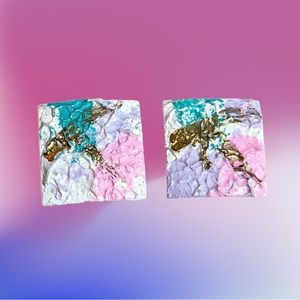 Vintage large square 80s 90s pastel gold white green purple pink earrings VTG